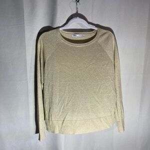 63-8 ZARA tan gold shimmer crew neck long sleeve light weight pullover sweater S
